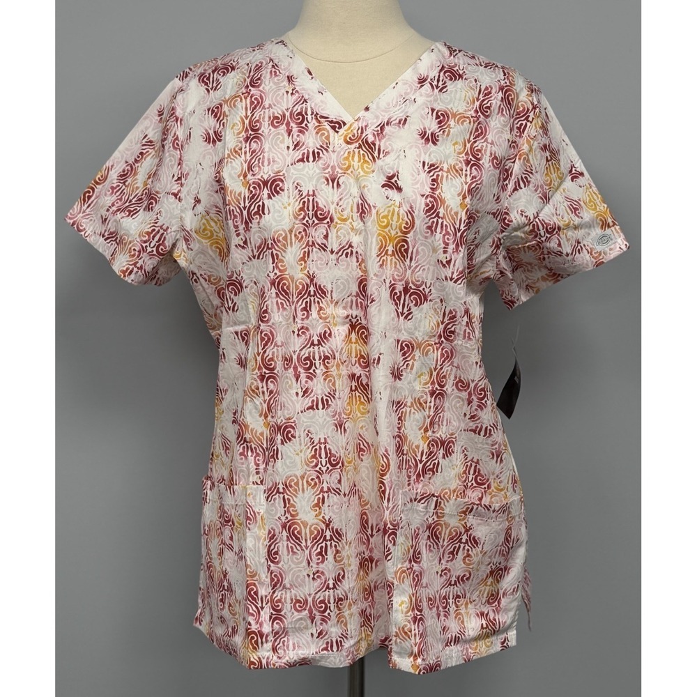NWT Dickies Scrub Top L Geometric Pink Orange Cotton Scrubs Nurse Uniform Floral